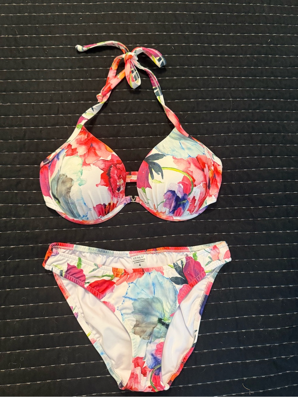 Venus Floral Halter Bikini Set - White Base with Pink & Blue Blooms